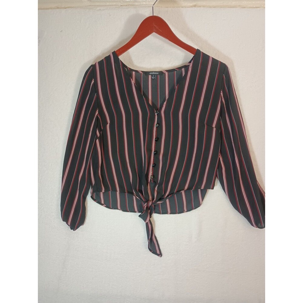 Ambiance Women's Blouse Long Sleeve Sheer Crop Top Size S Black Striped